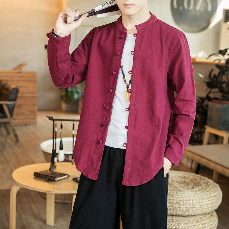 Nimara Ritual Casual Stand Collar Frog-Button Long Sleeve Tang Suit Men's Shirt