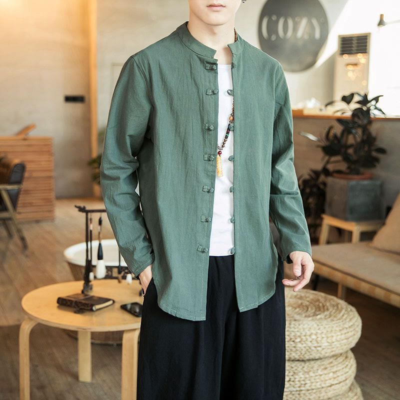 Nimara Ritual Casual Stand Collar Frog-Button Long Sleeve Tang Suit Men's Shirt
