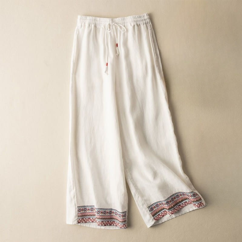 Nimara Ritual Casual Embroidery Bohemian Pattern Drawstring Women's Wide Leg Pants With Pockets
