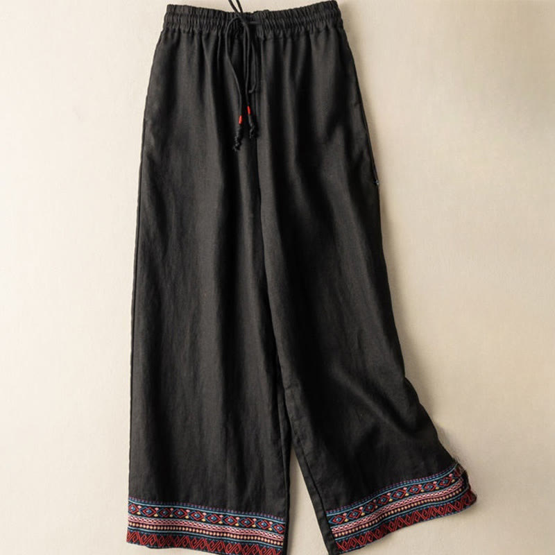 Nimara Ritual Casual Embroidery Bohemian Pattern Drawstring Women's Wide Leg Pants With Pockets
