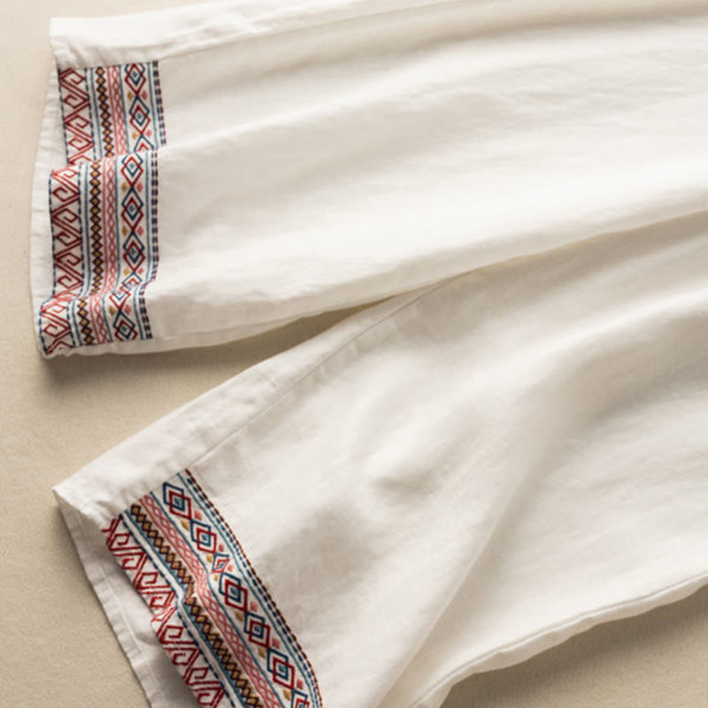 Nimara Ritual Casual Embroidery Bohemian Pattern Drawstring Women's Wide Leg Pants With Pockets