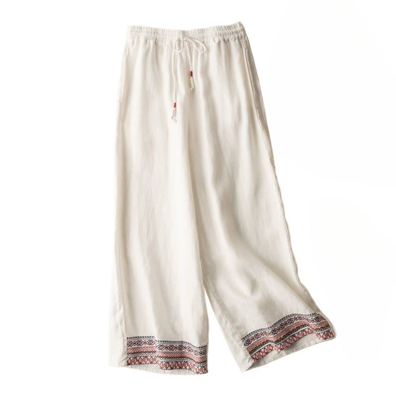 Nimara Ritual Casual Embroidery Bohemian Pattern Drawstring Women's Wide Leg Pants With Pockets