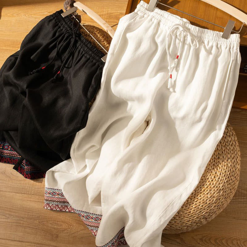 Nimara Ritual Casual Embroidery Bohemian Pattern Drawstring Women's Wide Leg Pants With Pockets