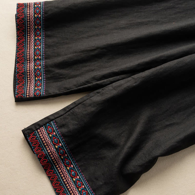 Nimara Ritual Casual Embroidery Bohemian Pattern Drawstring Women's Wide Leg Pants With Pockets