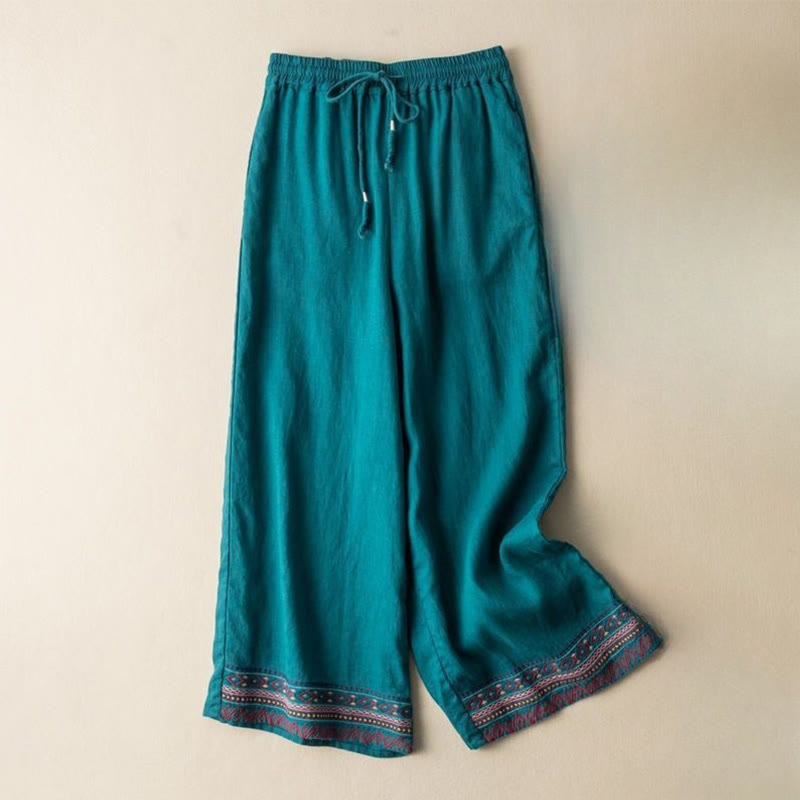Nimara Ritual Casual Embroidery Bohemian Pattern Drawstring Women's Wide Leg Pants With Pockets