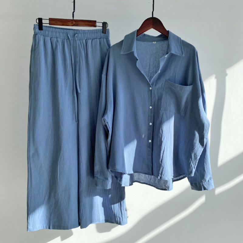 Nimara Ritual 2Pcs Long Sleeve Shirt Top With Pockets Drawstring Pants Meditation Cotton Clothing Women's Set