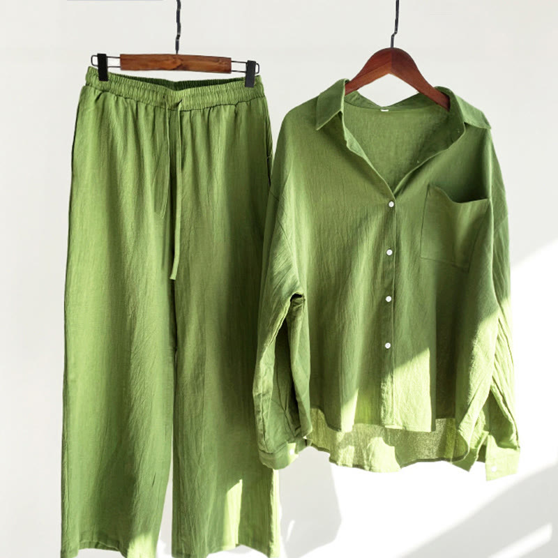 Nimara Ritual 2Pcs Long Sleeve Shirt Top With Pockets Drawstring Pants Meditation Cotton Clothing Women's Set