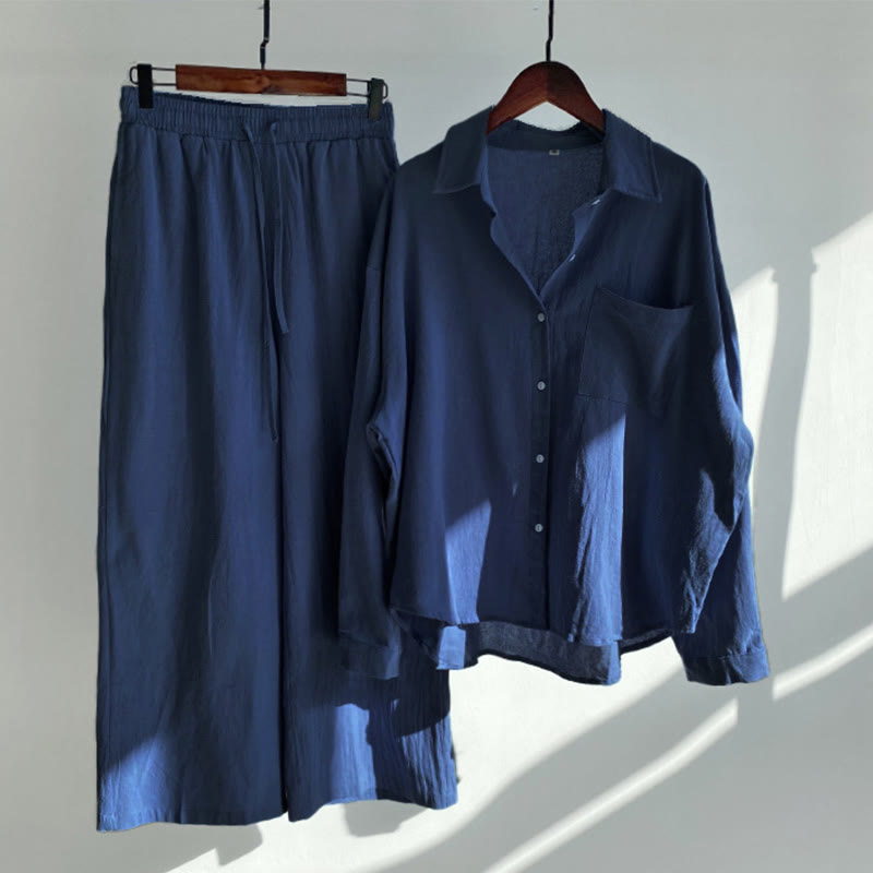 Nimara Ritual 2Pcs Long Sleeve Shirt Top With Pockets Drawstring Pants Meditation Cotton Clothing Women's Set