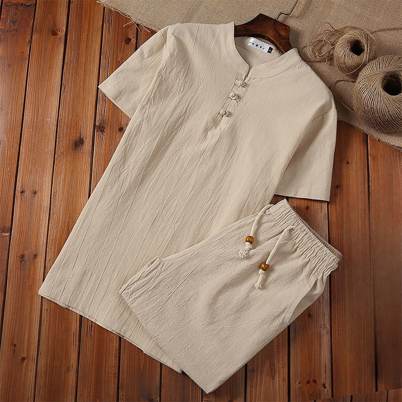 Nimara Ritual 2Pcs Solid Color Frog-Button Tang Suit Cotton Linen Short Sleeve Pants Clothing Men's Set