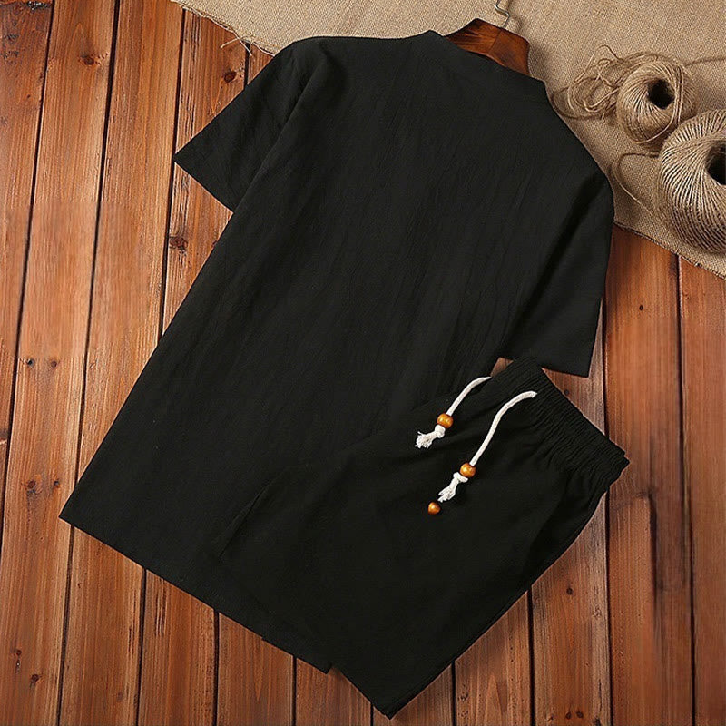 Nimara Ritual 2Pcs Solid Color Frog-Button Tang Suit Cotton Linen Short Sleeve Pants Clothing Men's Set