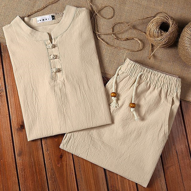 Nimara Ritual 2Pcs Solid Color Frog-Button Tang Suit Cotton Linen Short Sleeve Pants Clothing Men's Set