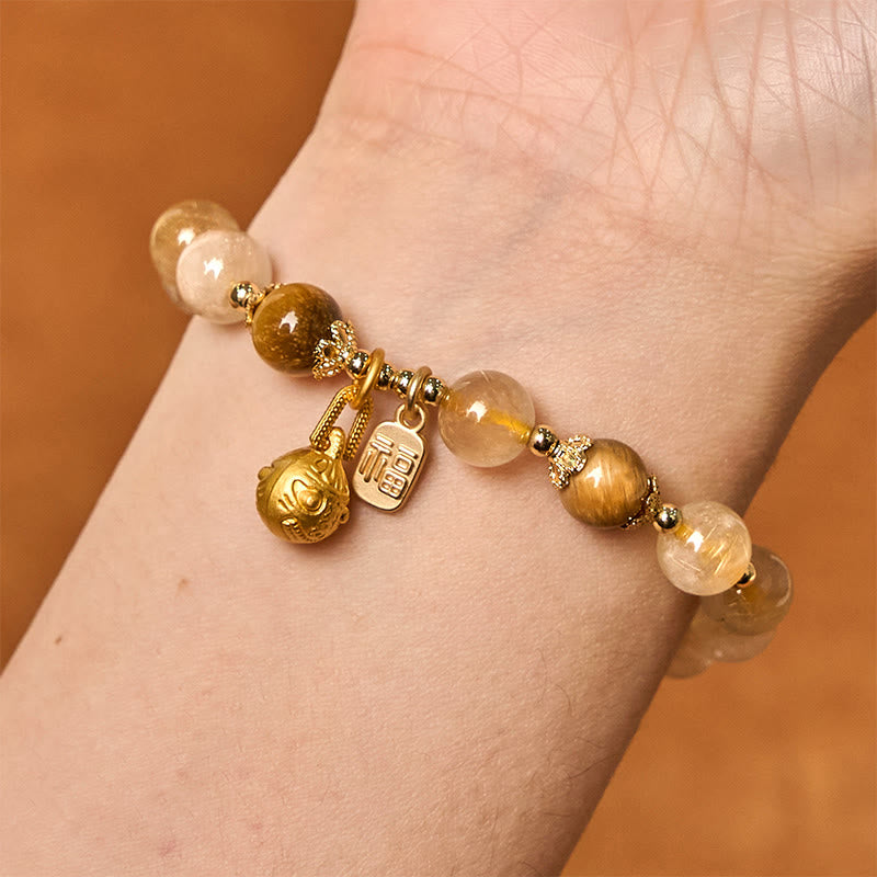 Nimara Ritual Natural Rutilated Quartz Fu Character Metal Swallowing Beast Auspiciousness Bracelet
