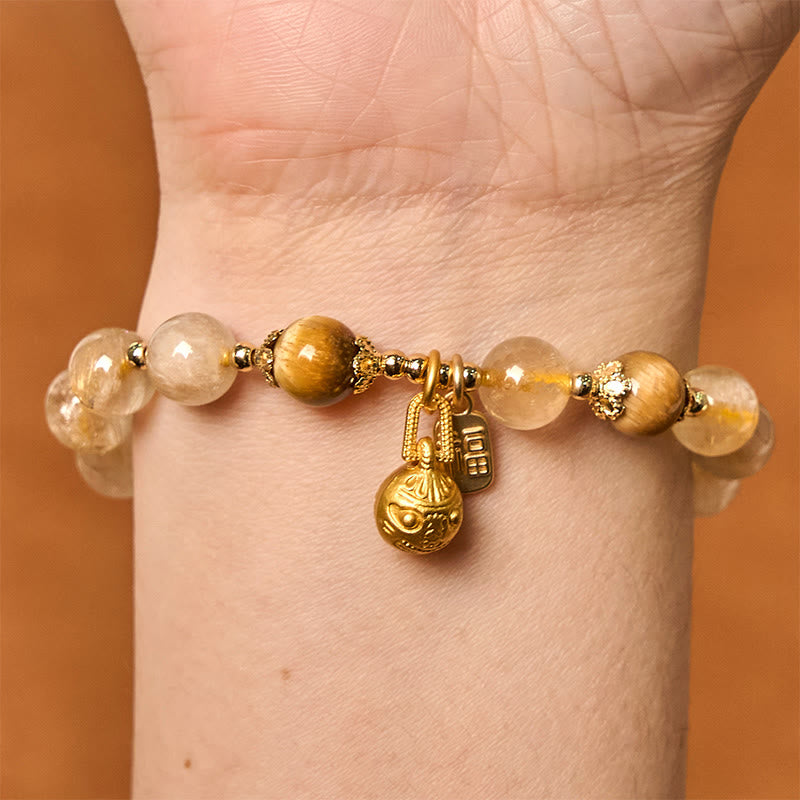 Nimara Ritual Natural Rutilated Quartz Fu Character Metal Swallowing Beast Auspiciousness Bracelet