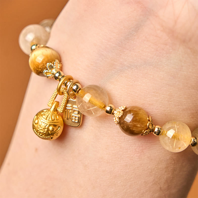 Nimara Ritual Natural Rutilated Quartz Fu Character Metal Swallowing Beast Auspiciousness Bracelet