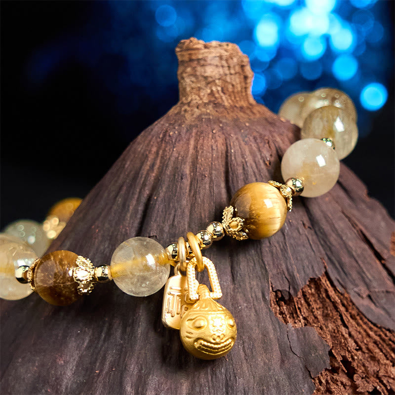 Nimara Ritual Natural Rutilated Quartz Fu Character Metal Swallowing Beast Auspiciousness Bracelet