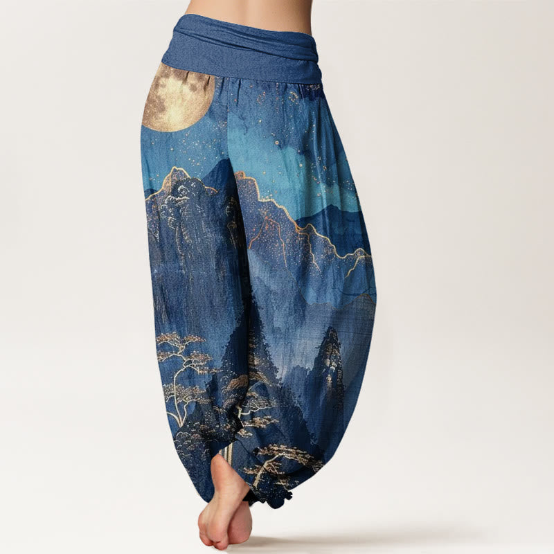 Nimara Ritual Cotton Casual Full Moon Mountains Trees River Pattern Women's Elastic Waist Harem Pants