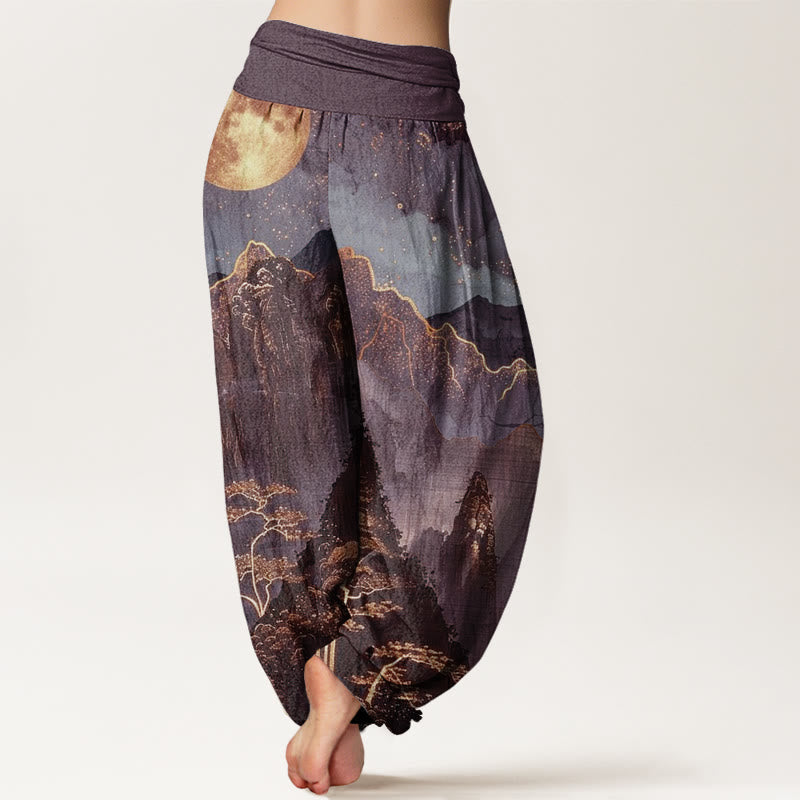Nimara Ritual Cotton Casual Full Moon Mountains Trees River Pattern Women's Elastic Waist Harem Pants