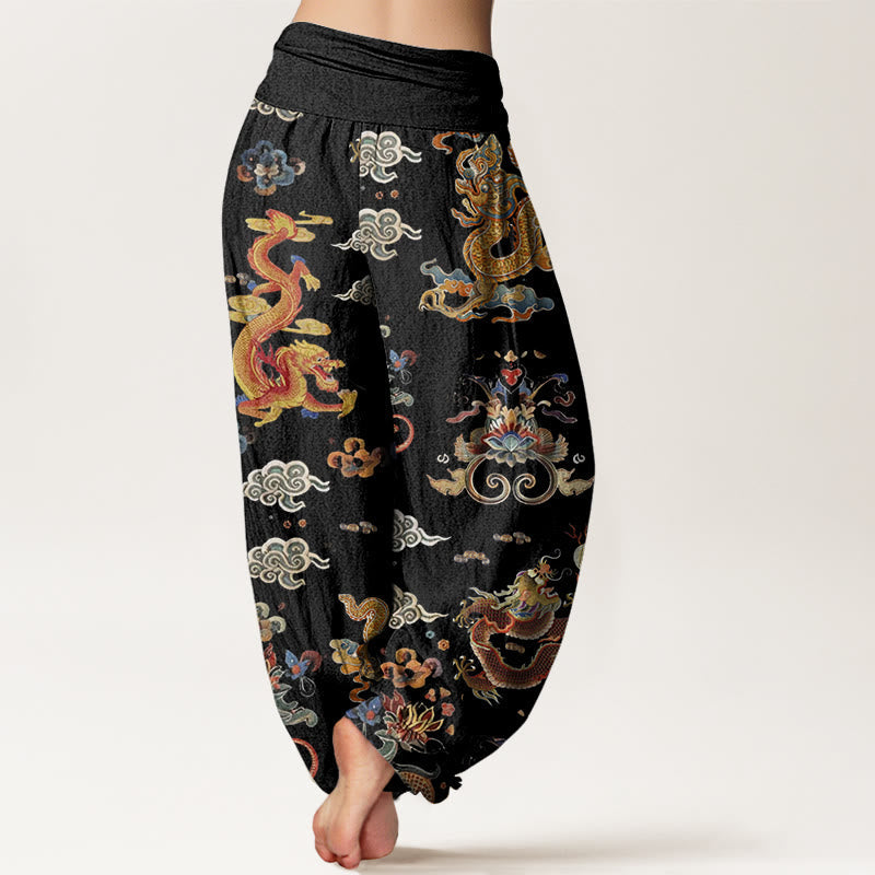 Nimara Ritual Cotton Golden Dragons Auspicious Clouds Design Women's Elastic Waist Harem Pants