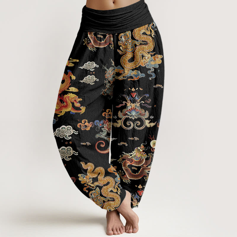 Nimara Ritual Cotton Golden Dragons Auspicious Clouds Design Women's Elastic Waist Harem Pants