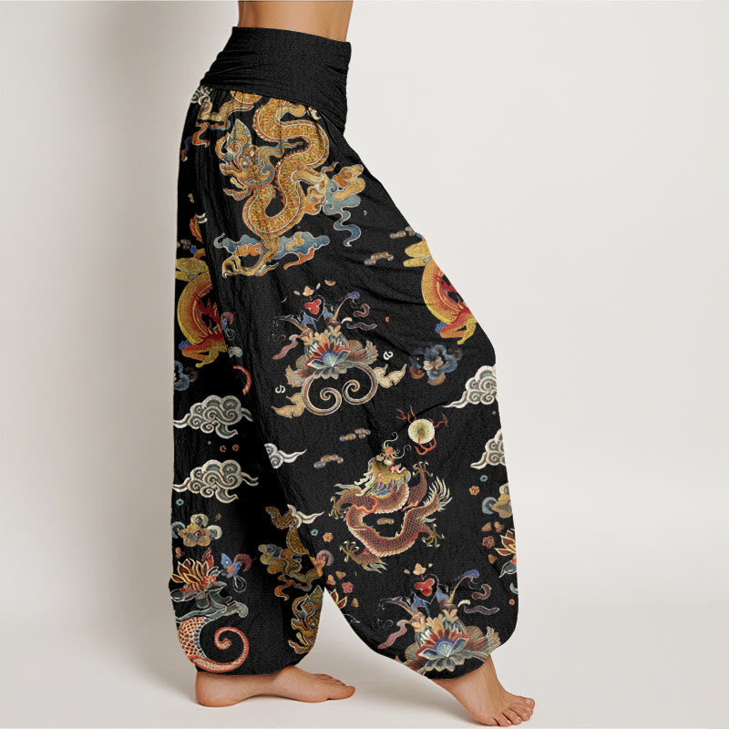 Nimara Ritual Cotton Golden Dragons Auspicious Clouds Design Women's Elastic Waist Harem Pants
