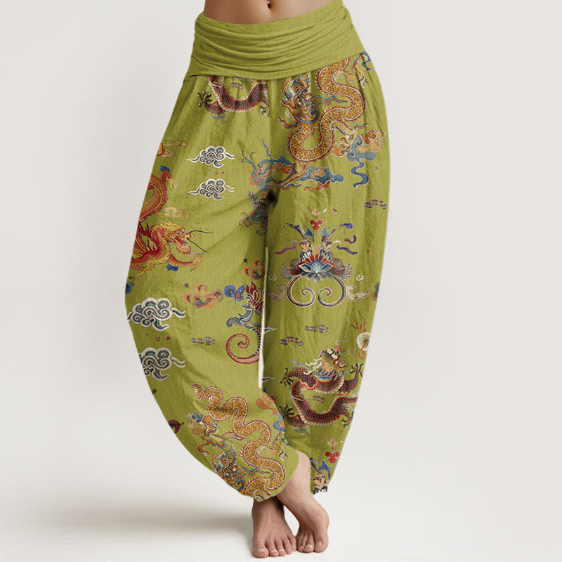 Nimara Ritual Cotton Golden Dragons Auspicious Clouds Design Women's Elastic Waist Harem Pants