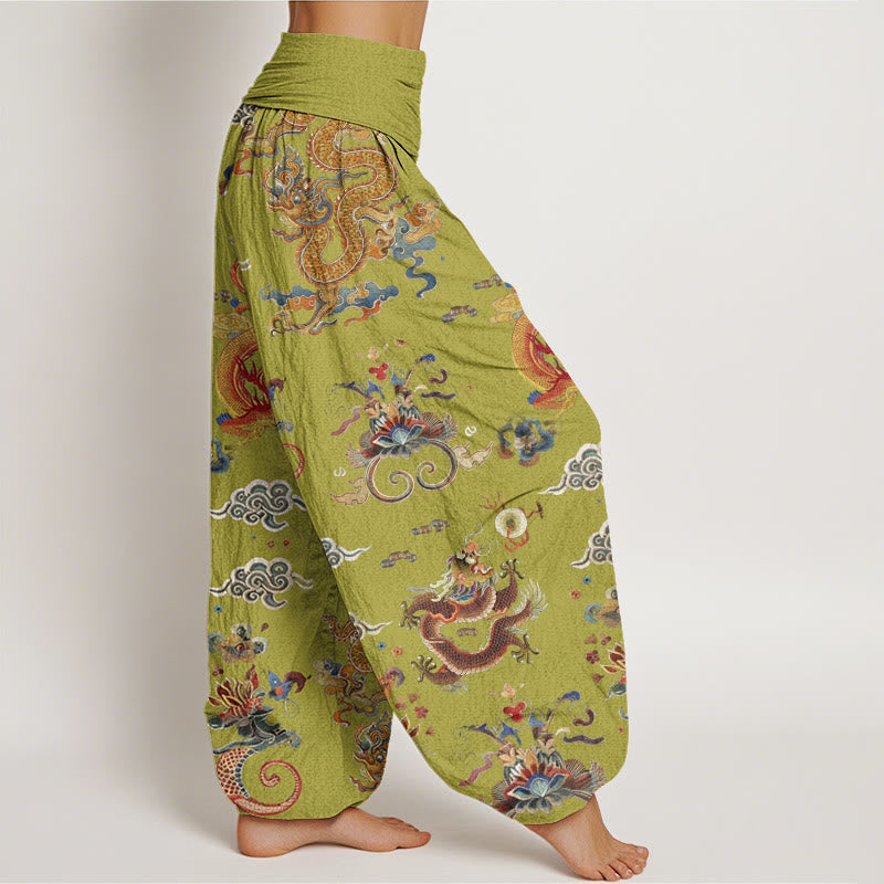 Nimara Ritual Cotton Golden Dragons Auspicious Clouds Design Women's Elastic Waist Harem Pants