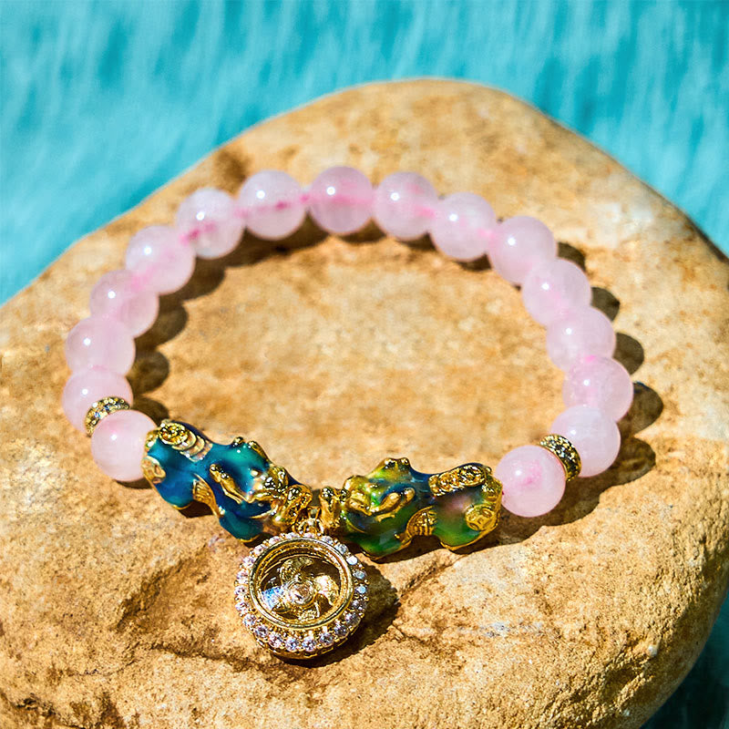 Nimara Ritual Pink Crystal Color Change Double PiXiu Cyclone Charm Warmth Bracelet
