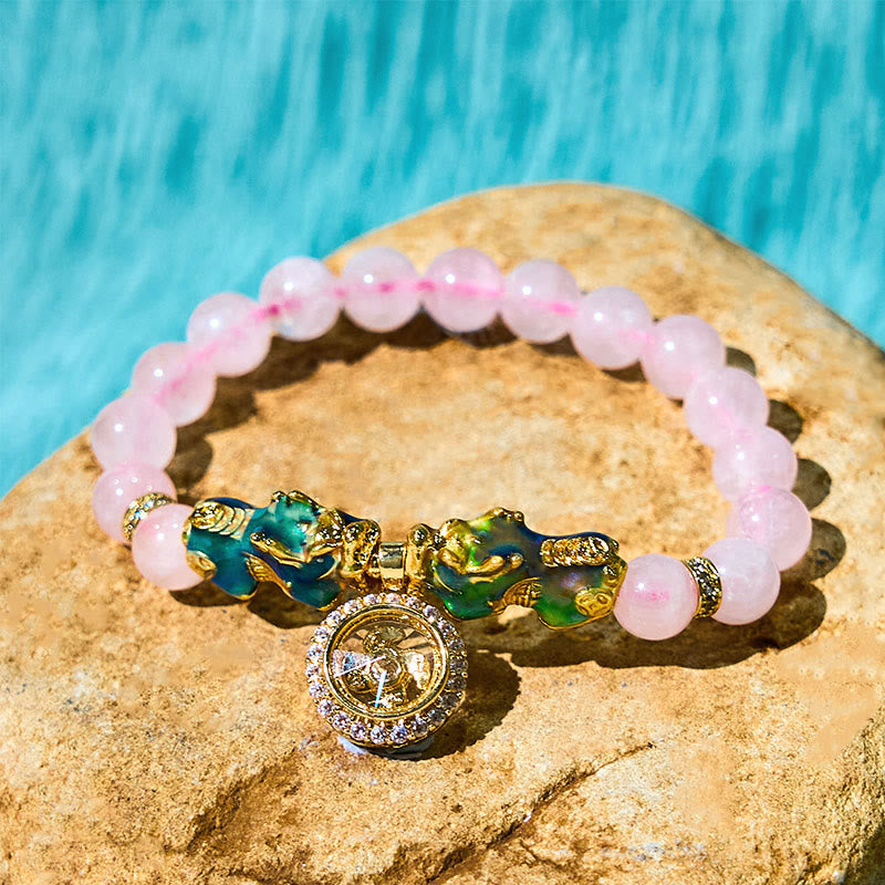 Nimara Ritual Pink Crystal Color Change Double PiXiu Cyclone Charm Warmth Bracelet