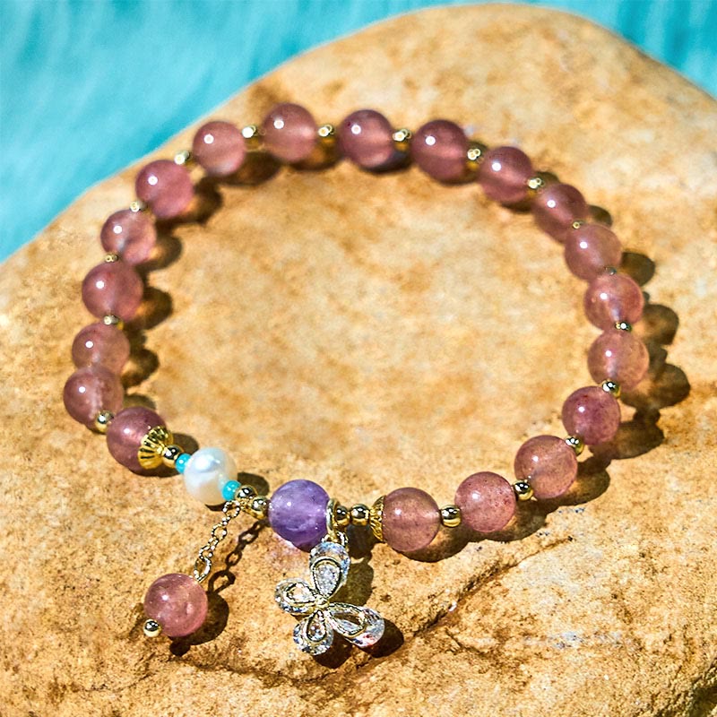 Nimara Ritual Natural Strawberry Quartz Green Strawberry Quartz Butterfly Charm Love Bracelet