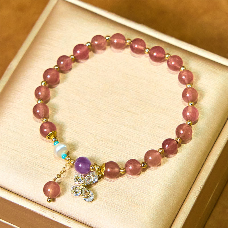 Nimara Ritual Natural Strawberry Quartz Green Strawberry Quartz Butterfly Charm Love Bracelet