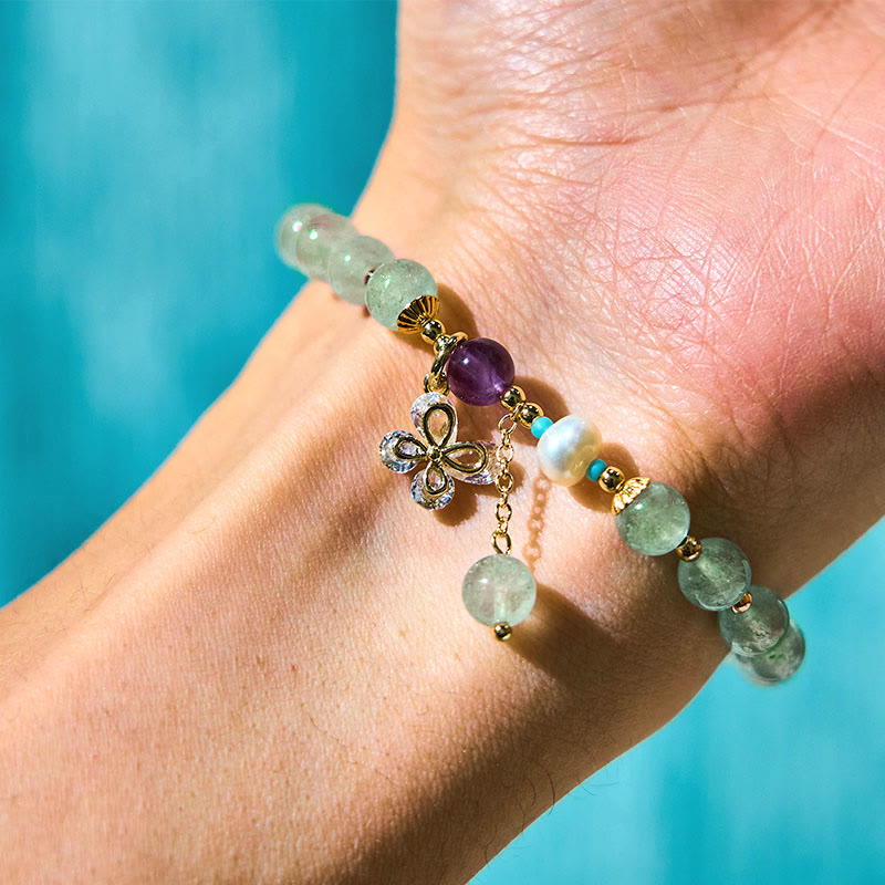 Nimara Ritual Natural Strawberry Quartz Green Strawberry Quartz Butterfly Charm Love Bracelet