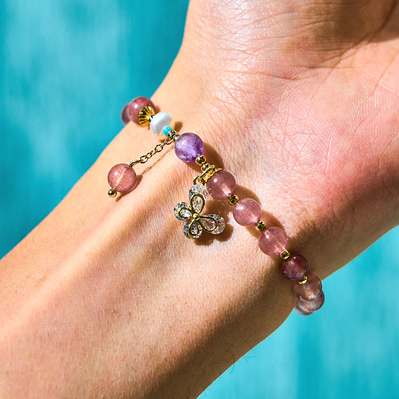 Nimara Ritual Natural Strawberry Quartz Green Strawberry Quartz Butterfly Charm Love Bracelet