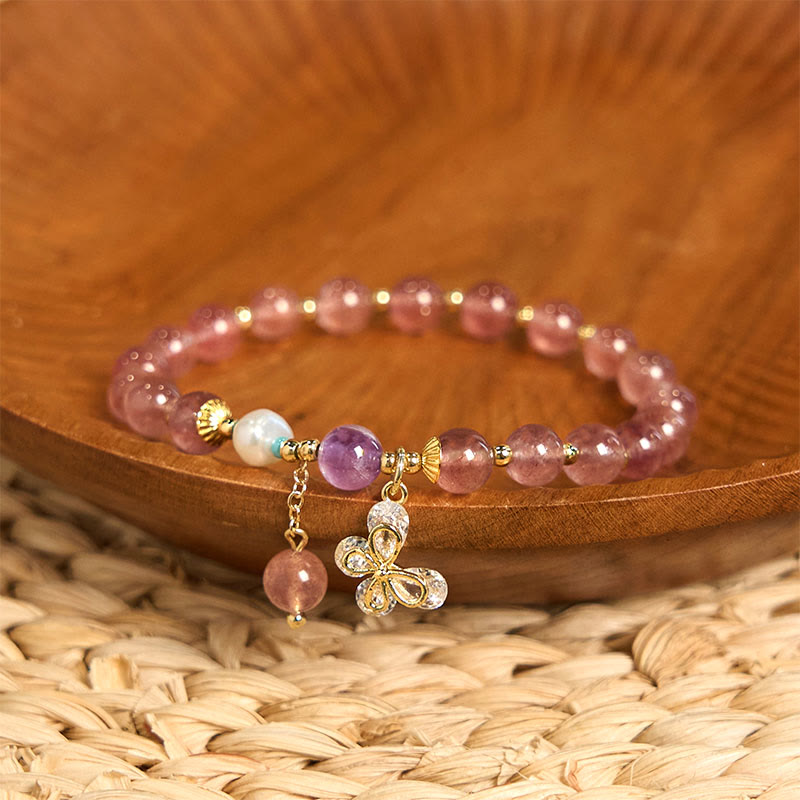 Nimara Ritual Natural Strawberry Quartz Green Strawberry Quartz Butterfly Charm Love Bracelet