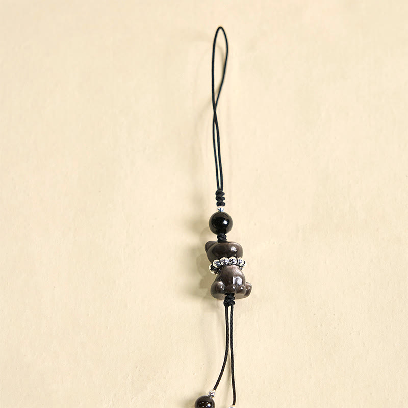 Nimara Ritual Natural Silver Sheen Obsidian Noble Kitten Cat Soothing Phone Hanging Decoration