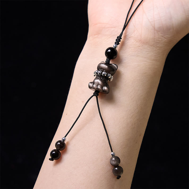 Nimara Ritual Natural Silver Sheen Obsidian Noble Kitten Cat Soothing Phone Hanging Decoration
