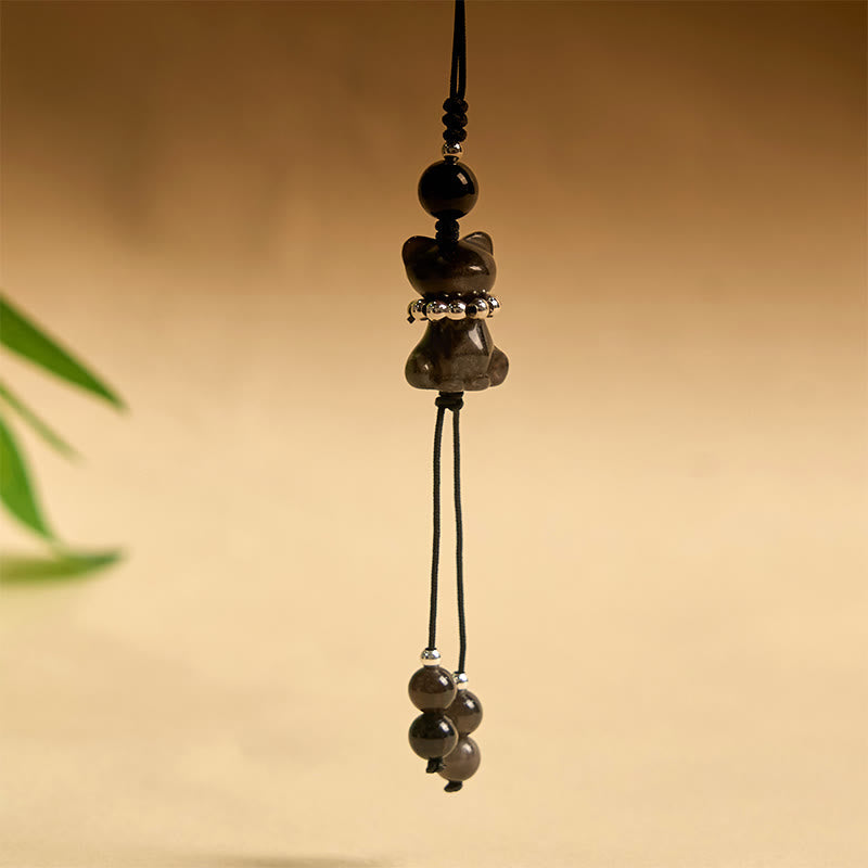 Nimara Ritual Natural Silver Sheen Obsidian Noble Kitten Cat Soothing Phone Hanging Decoration