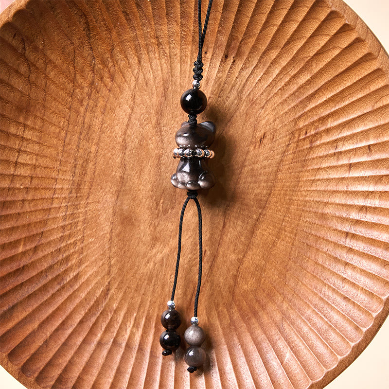 Nimara Ritual Natural Silver Sheen Obsidian Noble Kitten Cat Soothing Phone Hanging Decoration