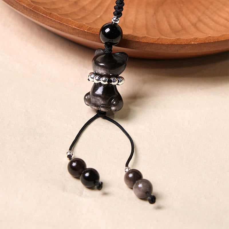 Nimara Ritual Natural Silver Sheen Obsidian Noble Kitten Cat Soothing Phone Hanging Decoration