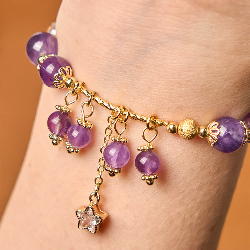 Nimara Ritual Natural Amethyst Four Leaf Clover Star Peace Bracelet