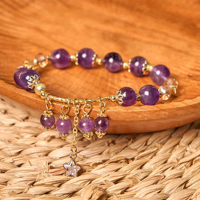 Nimara Ritual Natural Amethyst Four Leaf Clover Star Peace Bracelet