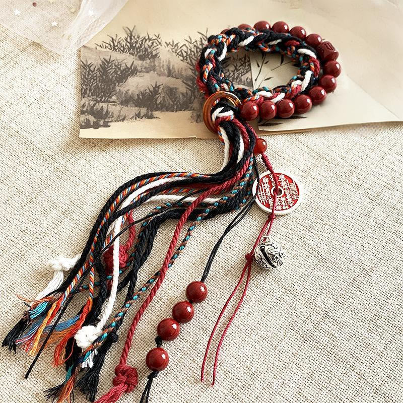Nimara Ritual Tibetan Mountain Ghosts Spend Money Cinnabar Double-Layer Red Rope Tassel Protection Bracelet