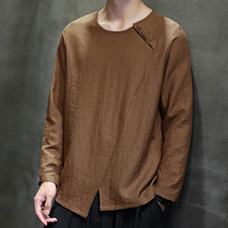 Nimara Ritual Solid Color Loose Long Sleeve Round Neck Men's Shirts