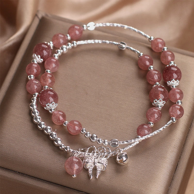 Nimara Ritual Natural Strawberry Quartz Bow-knot Rosette Charm Healing Double Wrap Bracelet