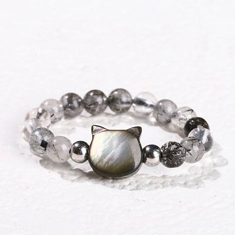 Nimara Ritual 3mm Black Rutilated Quartz Tridacna Stone Rabbit Cat Ring