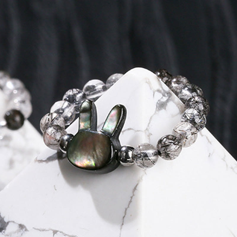 Nimara Ritual 3mm Black Rutilated Quartz Tridacna Stone Rabbit Cat Ring