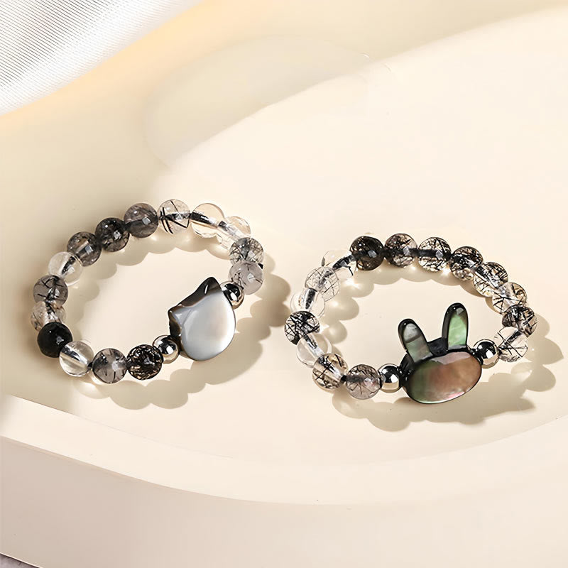 Nimara Ritual 3mm Black Rutilated Quartz Tridacna Stone Rabbit Cat Ring