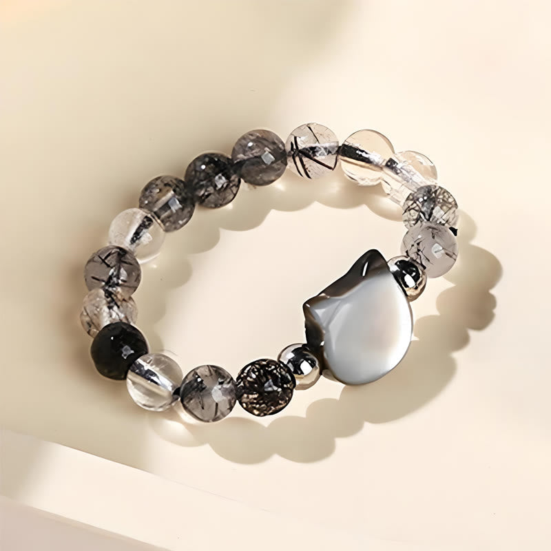 Nimara Ritual 3mm Black Rutilated Quartz Tridacna Stone Rabbit Cat Ring