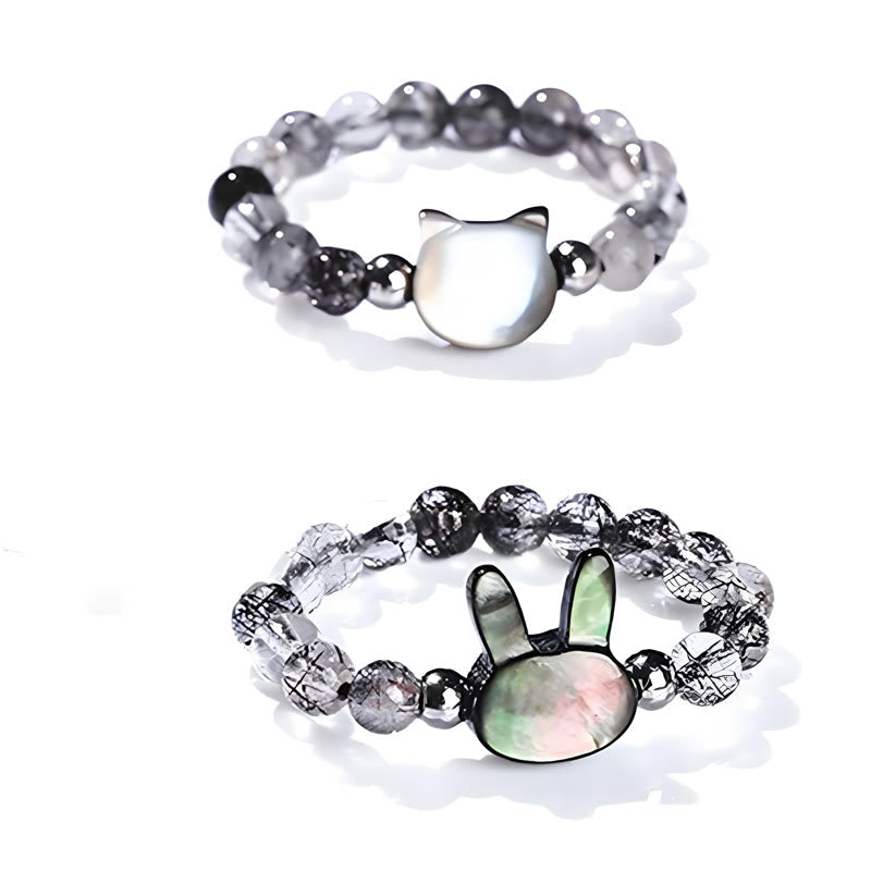 Nimara Ritual 3mm Black Rutilated Quartz Tridacna Stone Rabbit Cat Ring