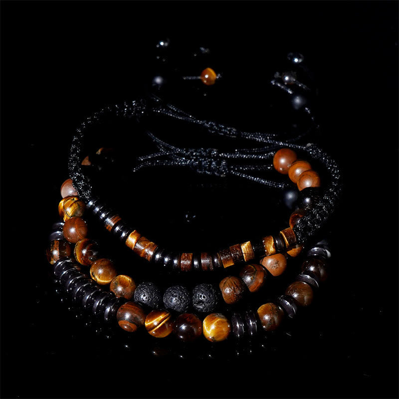 Protection and Strength 3Pcs Tiger Eye Lava Rock Bracelet Set