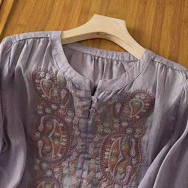 Nimara Ritual Casual Loose Embroidery Frog Button Half Sleeve Crew Neck Cotton Women's Shirt